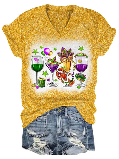 Fat Tuesday Mardi Gras Glitter V-Neck T-Shirt Yellow / S Mardi Gras