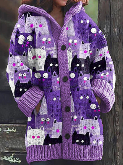 Rétro mignon Pet Print Button Up épais chandail à capuchon à manches longues Cardigan Veste