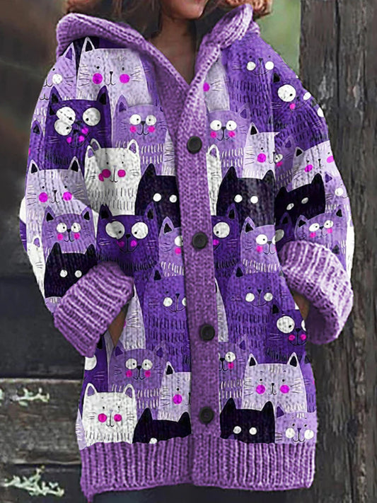 Rétro mignon Pet Print Button Up épais chandail à capuchon à manches longues Cardigan Veste