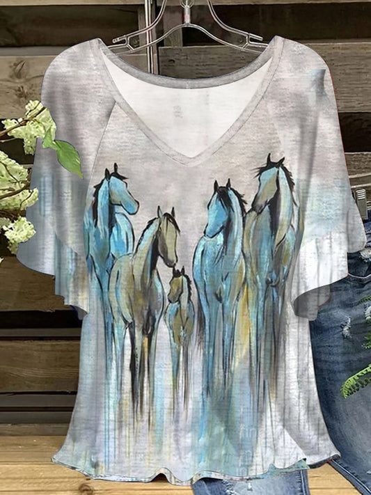 Women’s Western Retro Oil Painting Horse Print V-neck Lotus Leaf Sleeve T-shirt Blue / S Pull