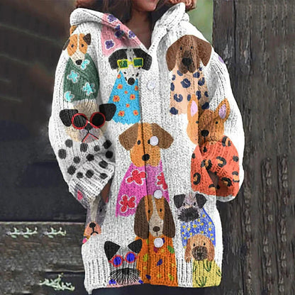 Rétro mignon Pet Print Button Up épais chandail à capuchon à manches longues Cardigan White / S Veste