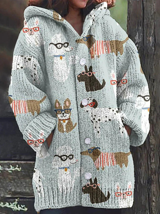 Rétro mignon Pet Print Button Up épais chandail à capuchon à manches longues Cardigan Veste