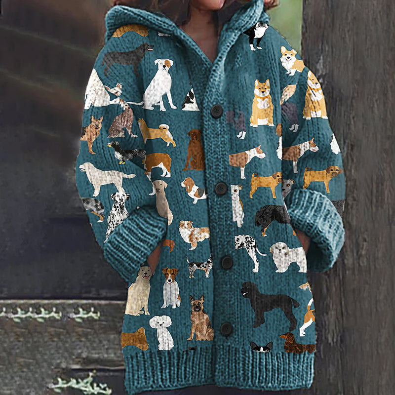 Rétro mignon Pet Print Button Up épais chandail à capuchon à manches longues Cardigan Dark green / M Veste