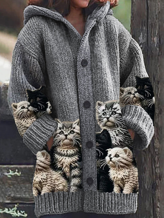 Rétro mignon Pet Print Button Up épais chandail à capuchon à manches longues Cardigan D / S Veste