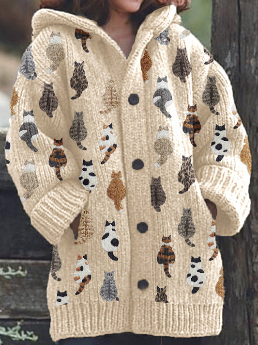 Rétro mignon Pet Print Button Up épais chandail à capuchon à manches longues Cardigan Apricot / S Veste