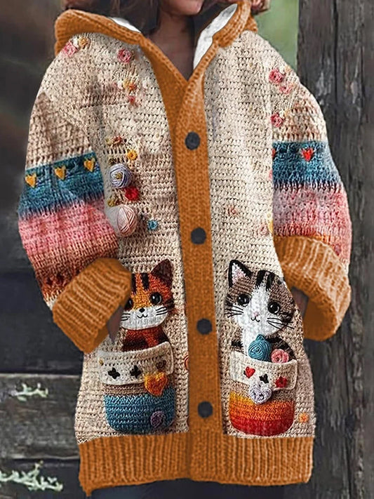 Cardigan à capuche épais à manches longues Vintage Animal Art Print Button A / S Veste