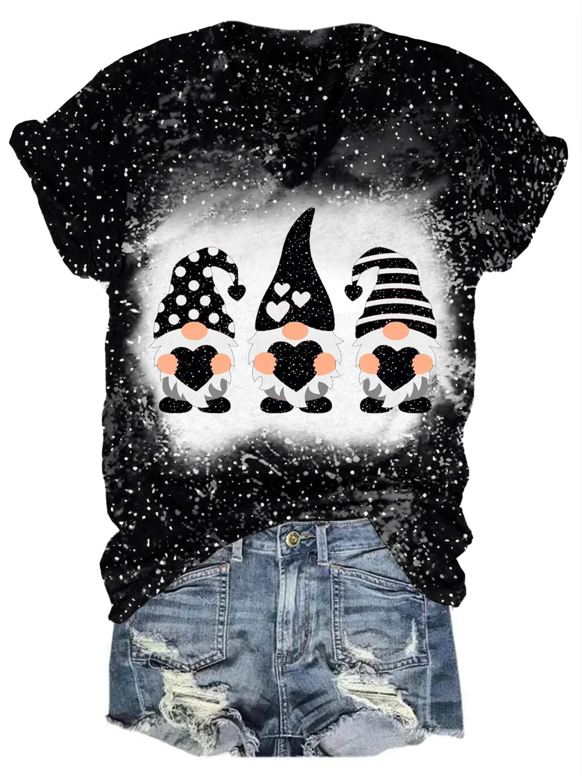 Valentine’s Glitter Gnome V-Neck T-Shirt Black / S Saint Valentin