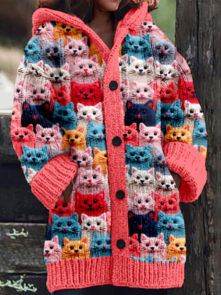Rétro mignon Pet Print Button Up épais chandail à capuchon à manches longues Cardigan Watermelon red / S Veste