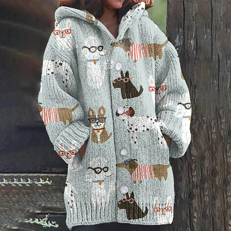 Rétro mignon Pet Print Button Up épais chandail à capuchon à manches longues Cardigan Blue / S Veste