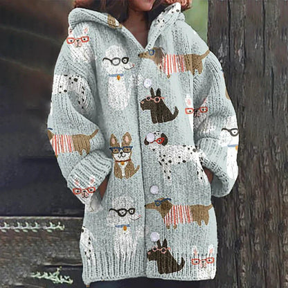 Rétro mignon Pet Print Button Up épais chandail à capuchon à manches longues Cardigan Blue / S Veste