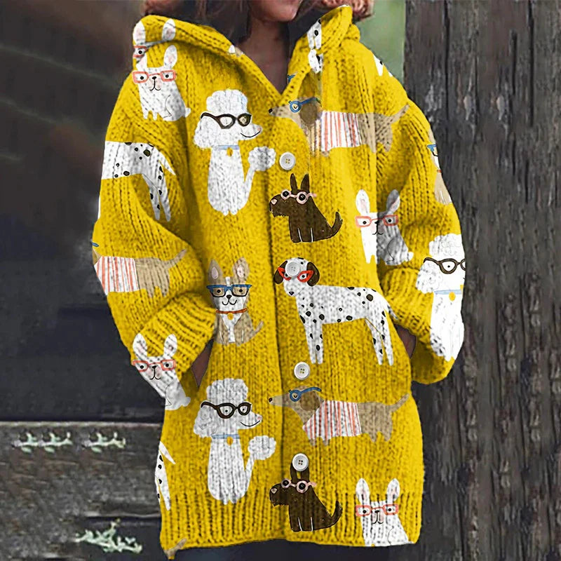Rétro mignon Pet Print Button Up épais chandail à capuchon à manches longues Cardigan Yellow / S Veste