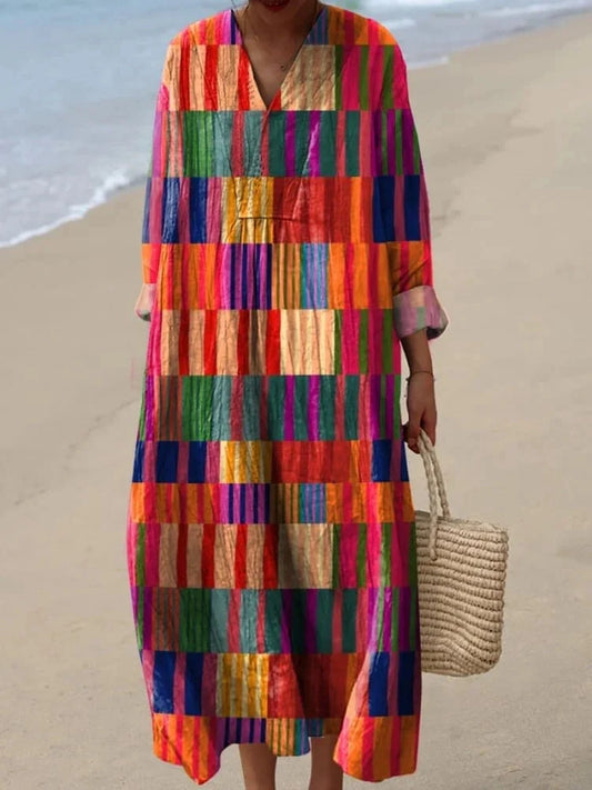 Rétro Boho Floral Imprimé Large Col En V Vintage Lâche Mi-longueur Manches Coton Midi Robe A / S Robes
