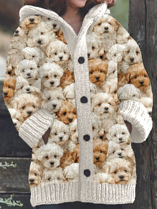 Rétro mignon Pet Print Button Up épais chandail à capuchon à manches longues Cardigan Beige / M Veste