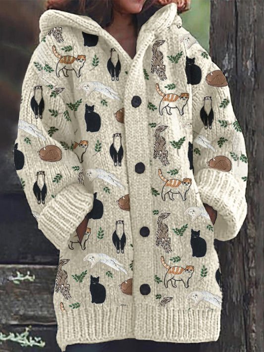Rétro mignon Pet Print Button Up épais chandail à capuchon à manches longues Cardigan Beige / M Veste