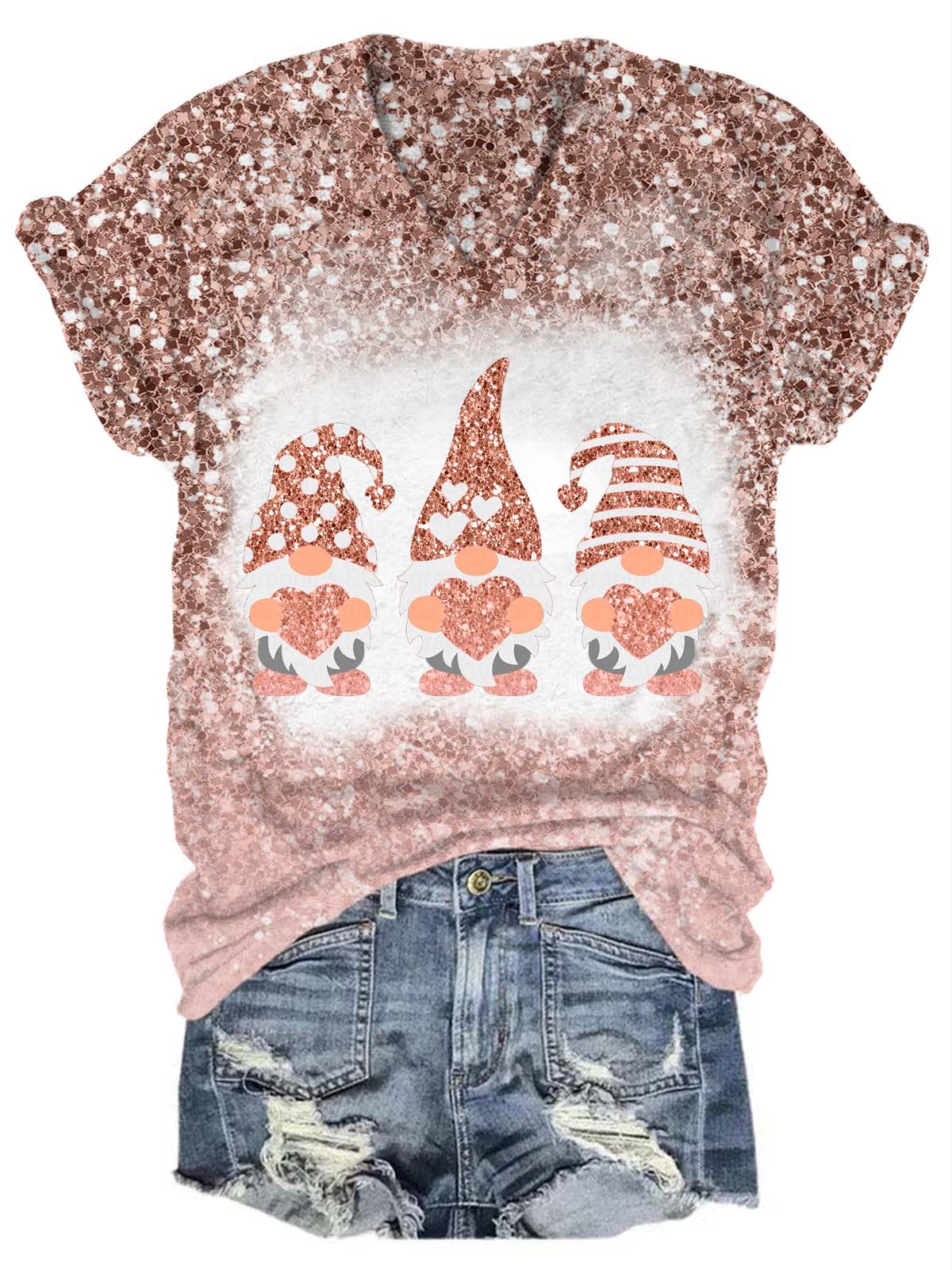 Valentine’s Glitter Gnome V-Neck T-Shirt Champagne / S Saint Valentin