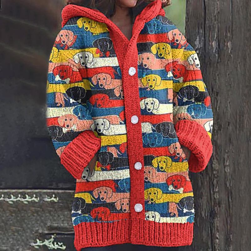 Rétro mignon Pet Print Button Up épais chandail à capuchon à manches longues Cardigan Red / M Veste