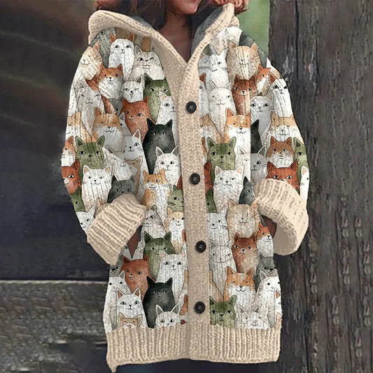 Rétro mignon Pet Print Button Up épais chandail à capuchon à manches longues Cardigan Khaki / S Veste