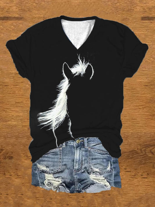 Women’s Vintage Western Horse Silhouette Print V-Neck T-Shirt Black / S T-shirt