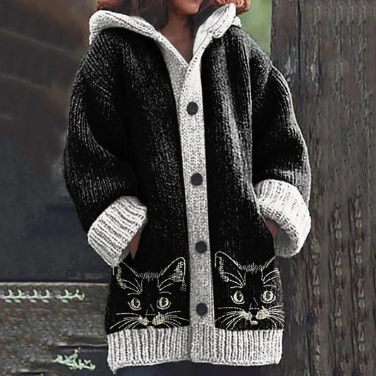 Rétro mignon Pet Print Button Up épais chandail à capuchon à manches longues Cardigan Veste