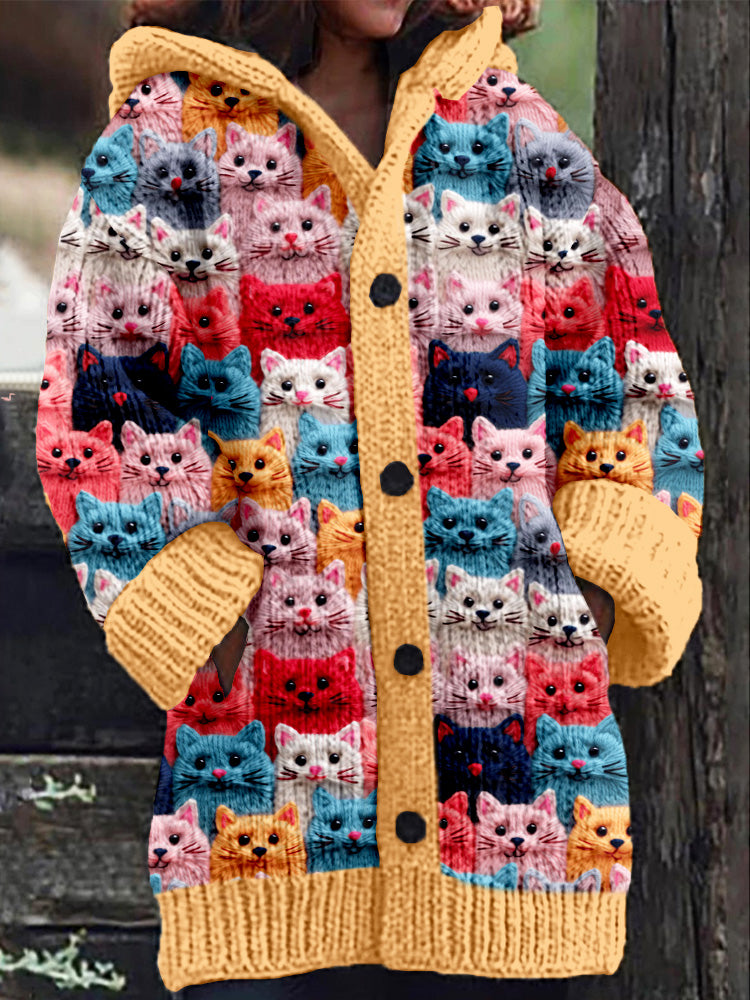 Rétro mignon Pet Print Button Up épais chandail à capuchon à manches longues Cardigan Yellow / S Veste
