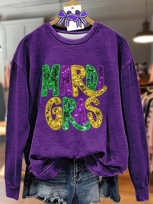 Colorful Sequin Mardi Gras Patch Long Sleeve Top Mixed Color / S Mardi Gras
