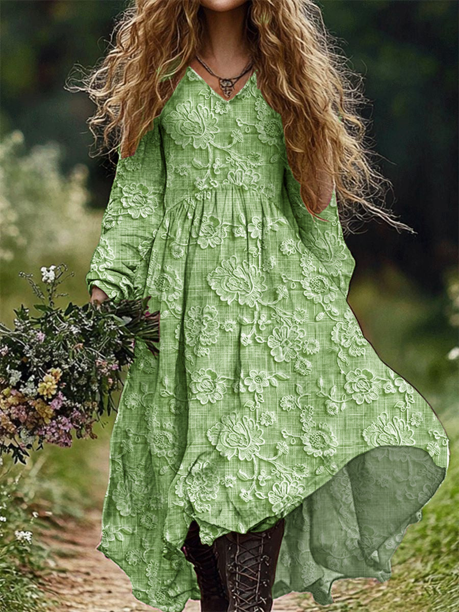 Rétro Floral Art Imprimer V-cou élégant Chic lâche robe midi à manches longues B / S Robes