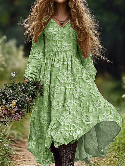 Rétro Floral Art Imprimer V-cou élégant Chic lâche robe midi à manches longues B / S Robes