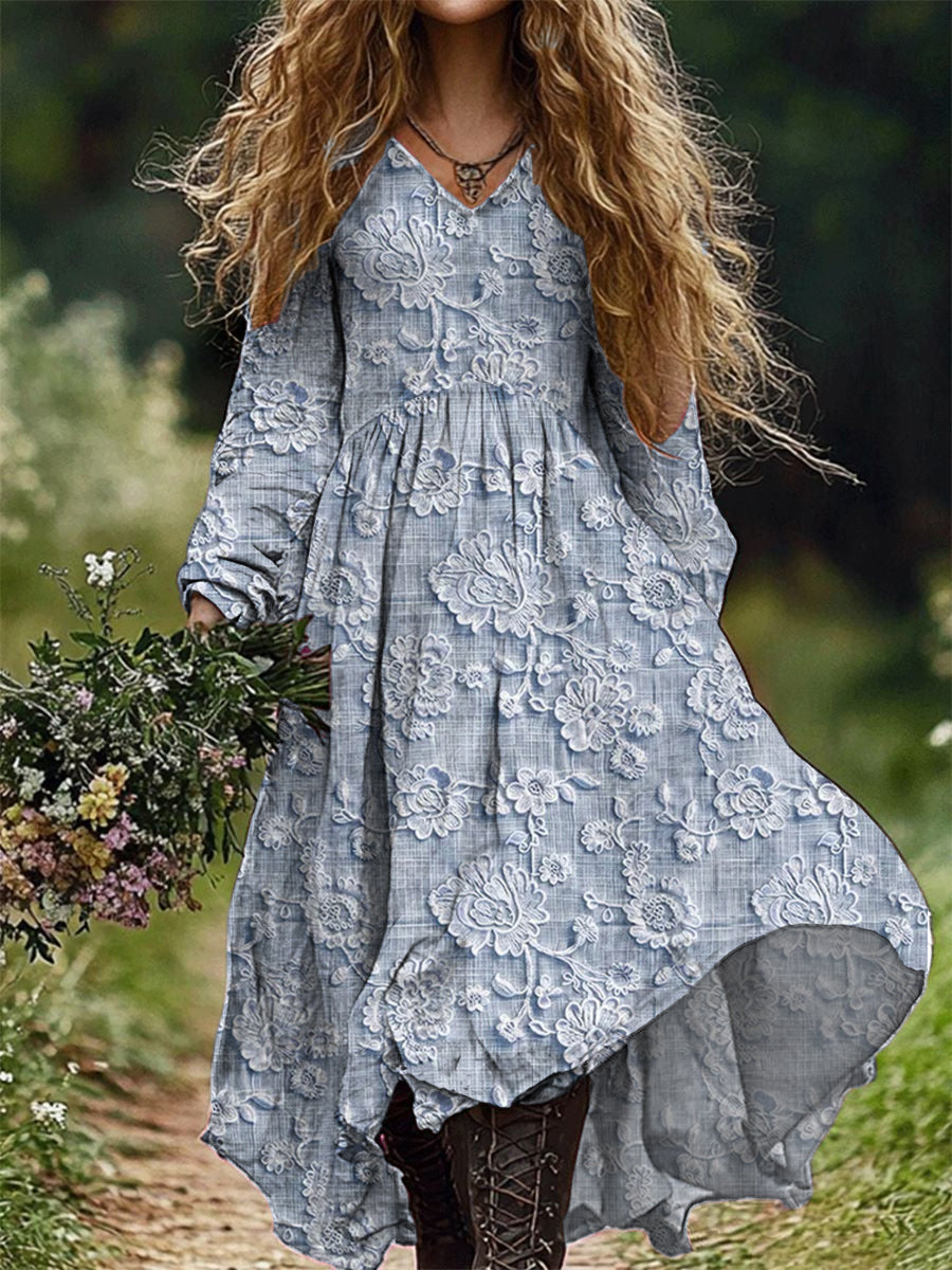 Rétro Floral Art Imprimer V-cou élégant Chic lâche robe midi à manches longues C / S Robes