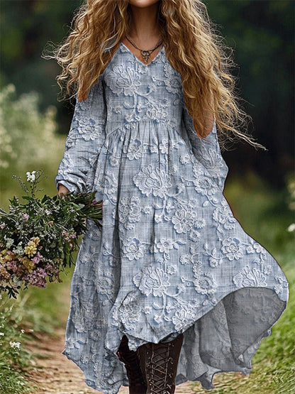 Rétro Floral Art Imprimer V-cou élégant Chic lâche robe midi à manches longues C / S Robes