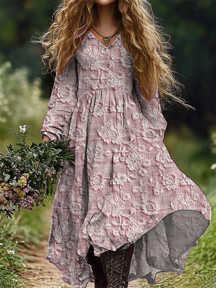 Rétro Floral Art Imprimer V-cou élégant Chic lâche robe midi à manches longues D / S Robes