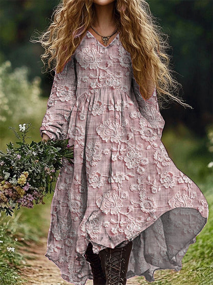 Rétro Floral Art Imprimer V-cou élégant Chic lâche robe midi à manches longues D / S Robes