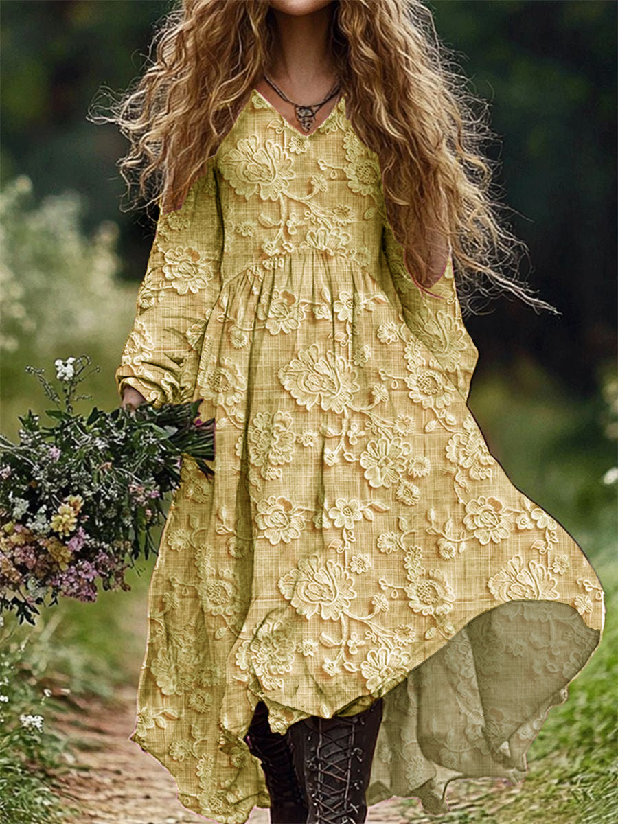 Rétro Floral Art Imprimer V-cou élégant Chic lâche robe midi à manches longues E / S Robes