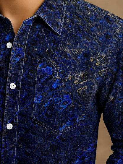 Unisexe Hommes Vintage Lapis Lazuli Or Texturé Abstraction Imprimer Casual Chemise À Manches Longues