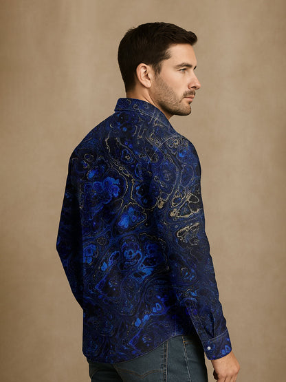 Unisexe Hommes Vintage Lapis Lazuli Or Texturé Abstraction Imprimer Casual Chemise À Manches Longues