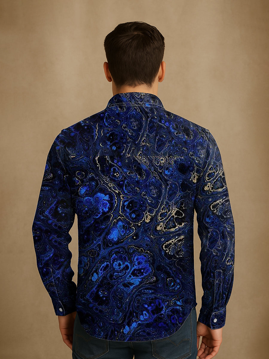 Unisexe Hommes Vintage Lapis Lazuli Or Texturé Abstraction Imprimer Casual Chemise À Manches Longues