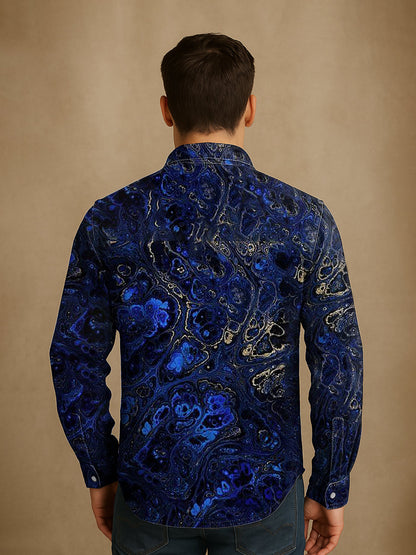 Unisexe Hommes Vintage Lapis Lazuli Or Texturé Abstraction Imprimer Casual Chemise À Manches Longues