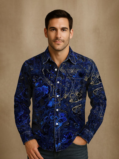 Unisexe Hommes Vintage Lapis Lazuli Or Texturé Abstraction Imprimer Casual Chemise À Manches Longues
