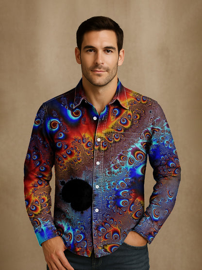 Unisexe Simple Rétro Mode Coloré Art Imprimer Revers Chemise de Poche à Manches Longues