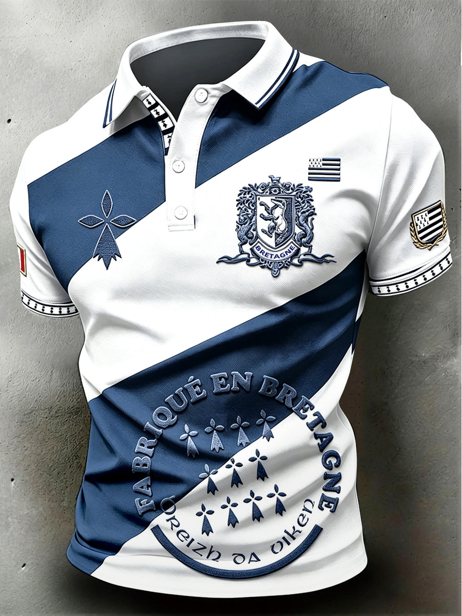 Polo homme blanc à manches courtes, de style breton, en patchwork imprimé, décontracté