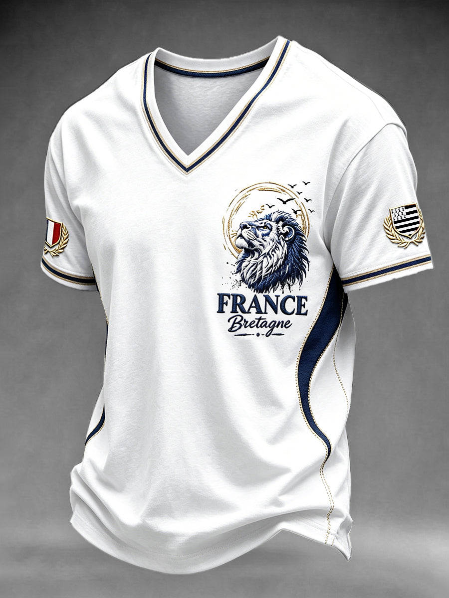 T-shirt décontracté à col en V pour homme, blanc, imprimé lion, style breton