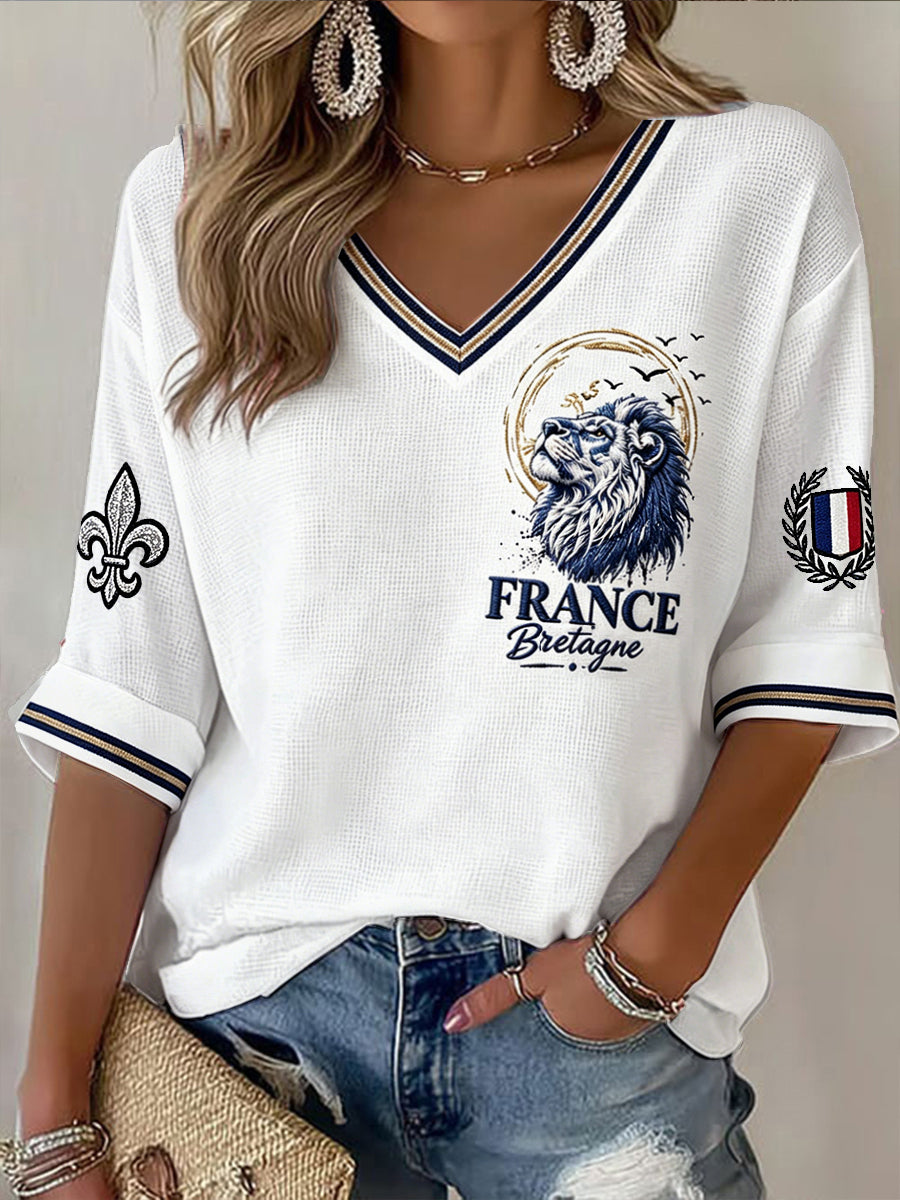 T-shirt décontracté à col en V pour femme, imprimé lion de Bretagne, France