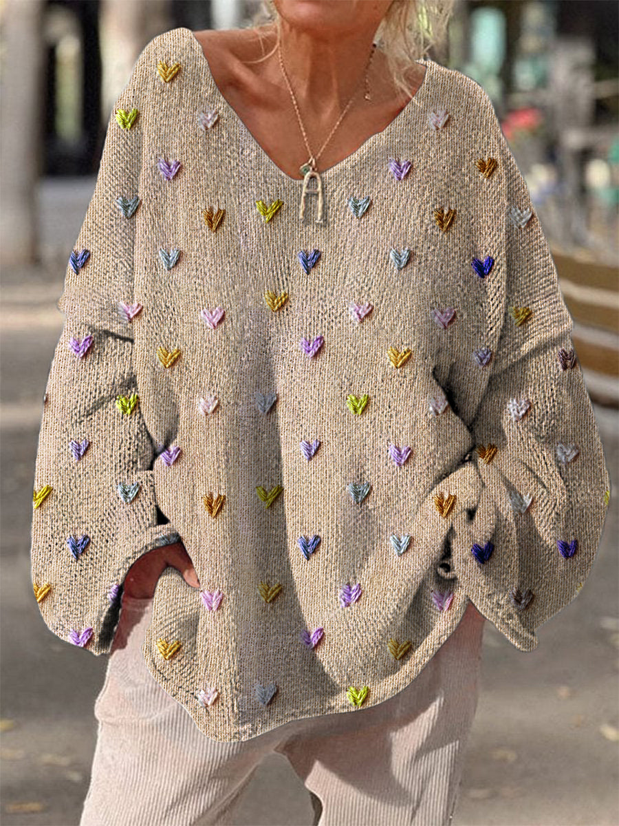 Retro Boho Floral Heart Print Vintage Loose Chic col en V à manches longues Pull en tricot épais Blanc cassé / S Pull