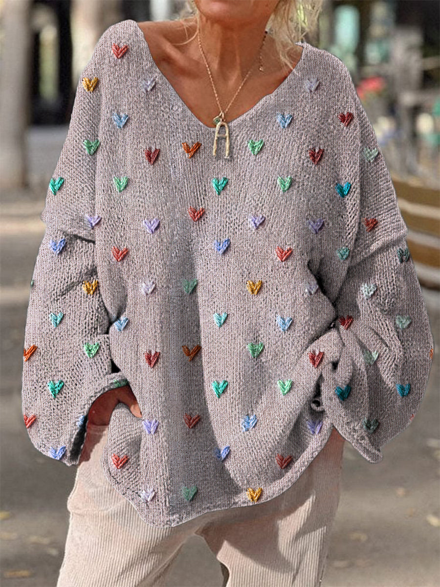 Retro Boho Floral Heart Print Vintage Loose Chic col en V à manches longues Pull en tricot épais Lilas / S Pull