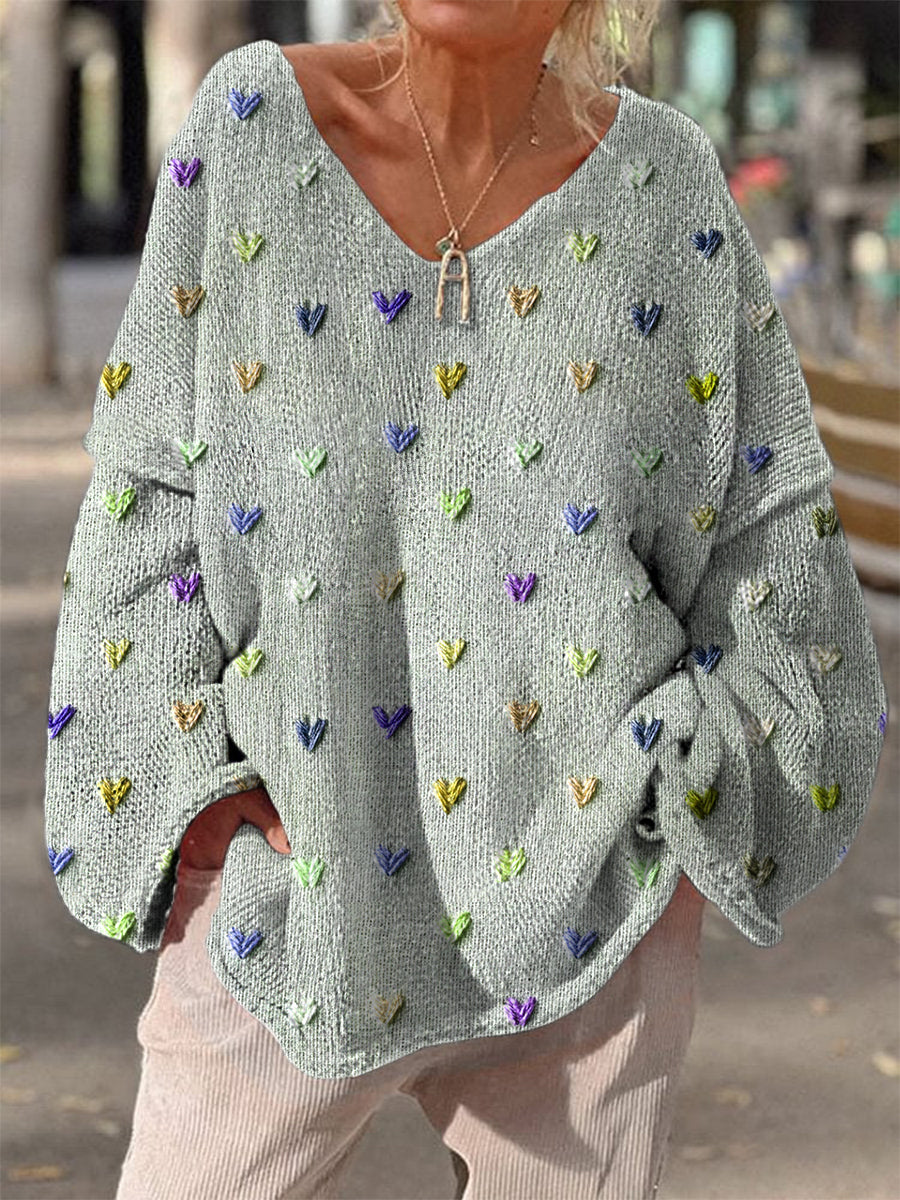 Retro Boho Floral Heart Print Vintage Loose Chic col en V à manches longues Pull en tricot épais Vert clair / S Pull