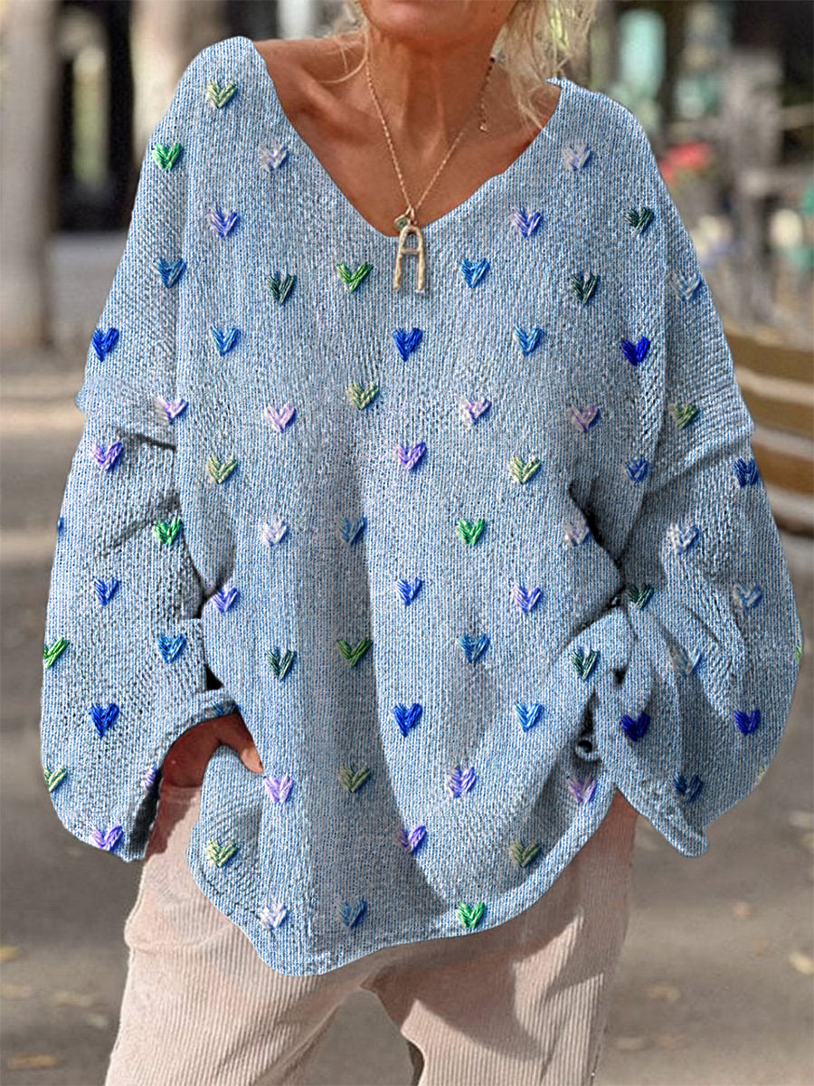 Retro Boho Floral Heart Print Vintage Loose Chic col en V à manches longues Pull en tricot épais Bleu / S Pull