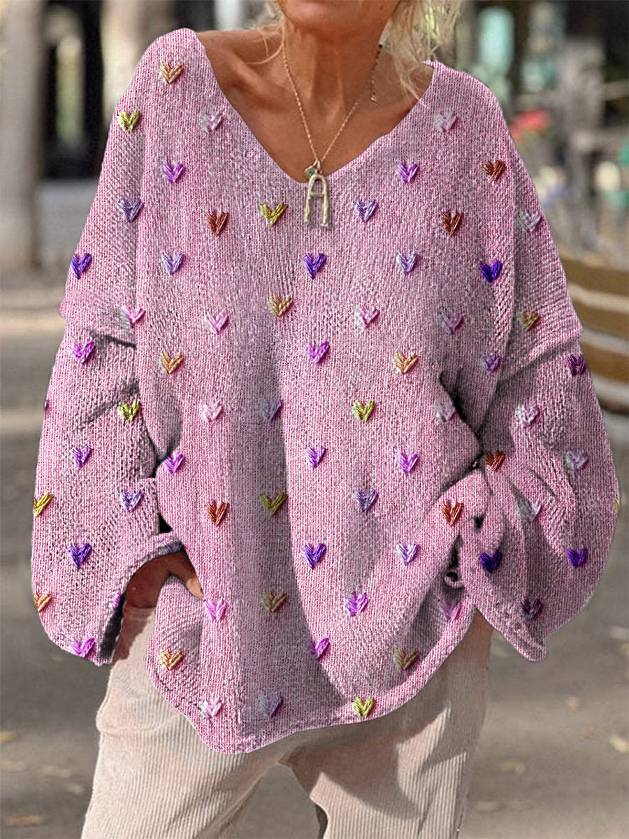 Retro Boho Floral Heart Print Vintage Loose Chic col en V à manches longues Pull en tricot épais Rose / S Pull