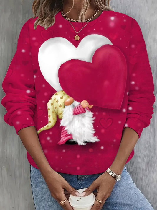 Valentine Gnome with Heart Print Long Sleeve Casual Top Saint Valentin