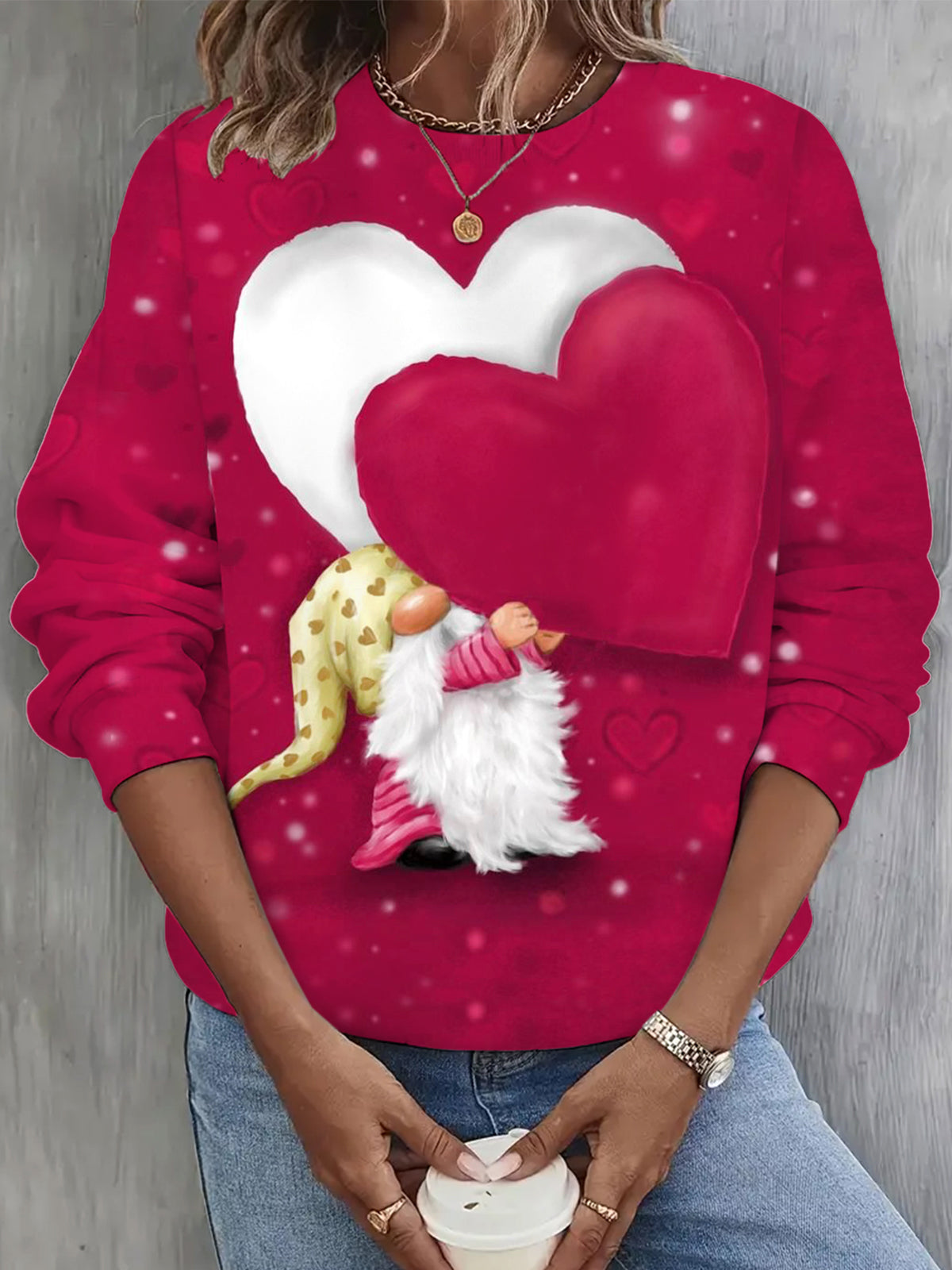 Valentine Gnome with Heart Print Long Sleeve Casual Top Red / S Saint Valentin