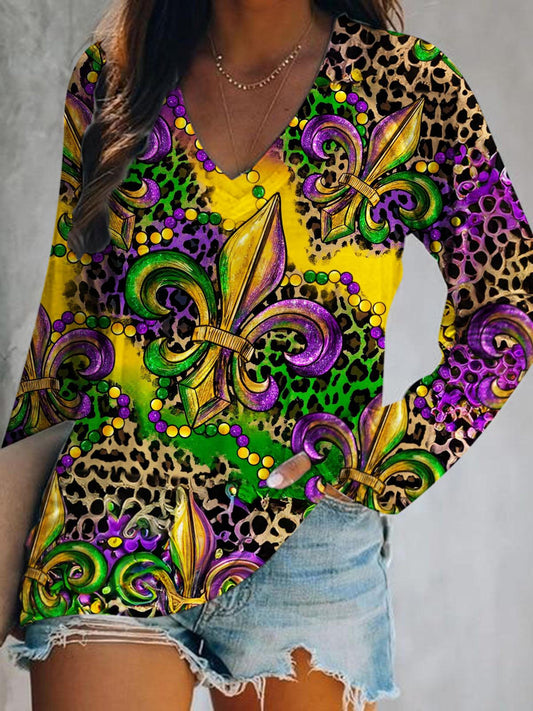 Mardi Gras Print V-Neck Long Sleeve Top As Picture / S Mardi Gras