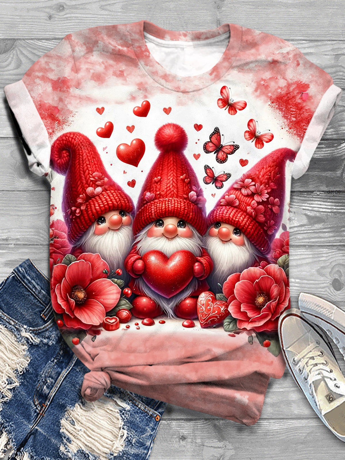 Love Heart Gnomes Crew Neck T-shirt Red / S Saint Valentin